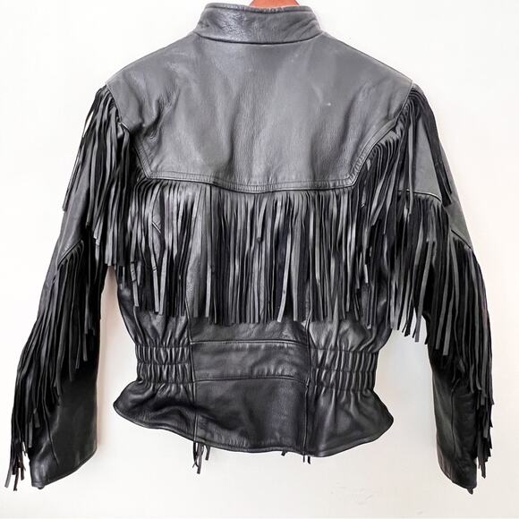 Unik Vintage Biker 80’s Fringe Leather Jacket Black Size M removable liner - Picture 2 of 13
